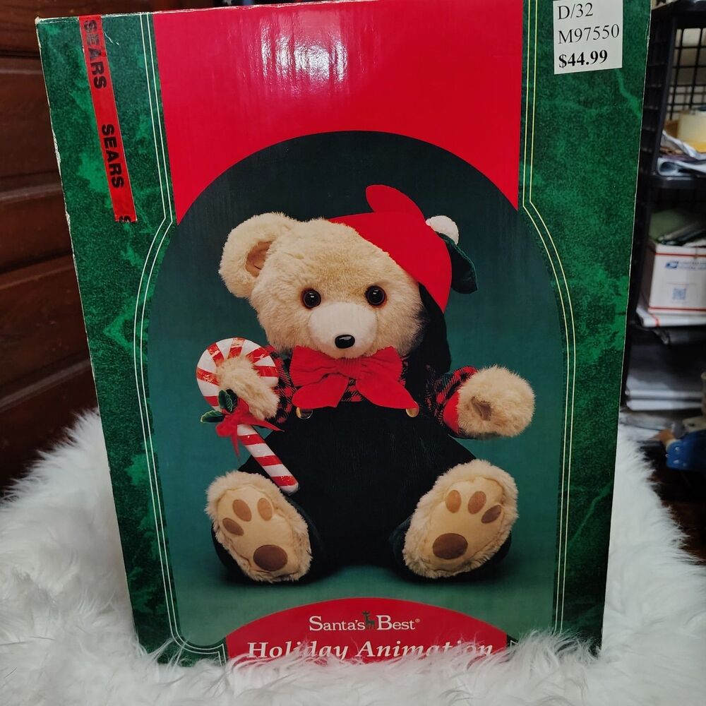 HTF Vintage 1990s Santas Best Animated Teddy Bear 16" Tall with Box Christmas